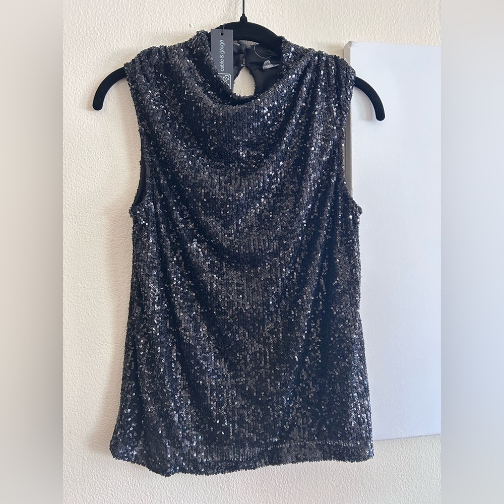 Slinky cowl-necked black sequined sleeveless tank top